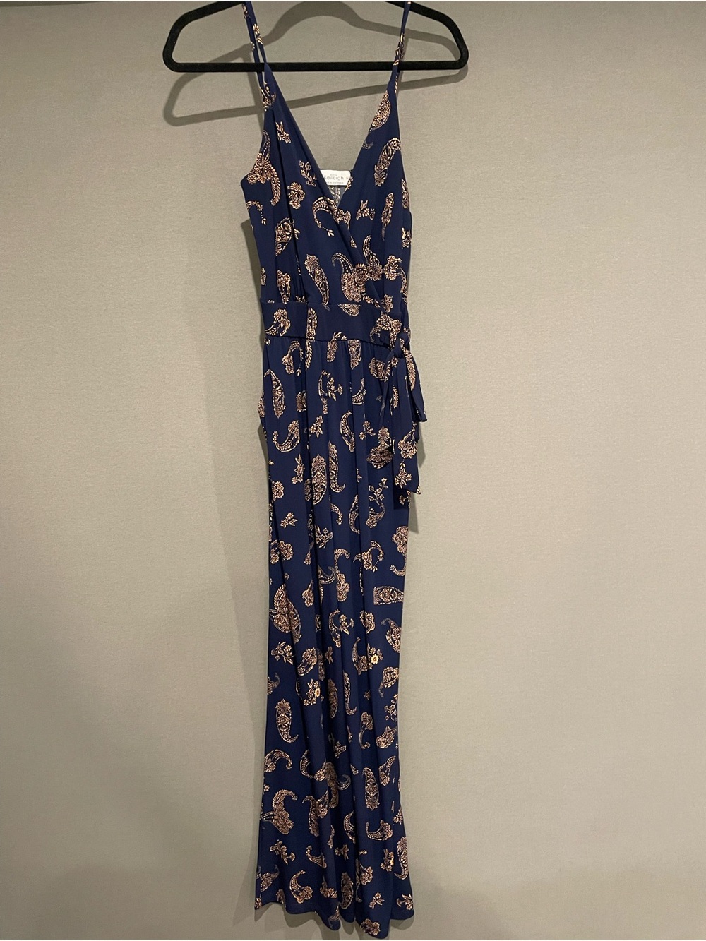 Navy Paisley Wrap Maxi Jumpsuit with Spaghetti Straps
